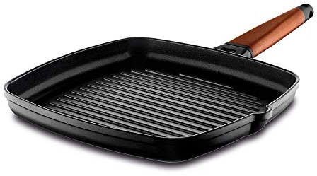 CASTEY - Grill Asador de Inducción, 22 cm, Modelo 5-G22, Mango de Madera de Cedro, Sartén Antiadherente de Aluminio, Distribución Homogénea del Calor, Fácil de Limpiar