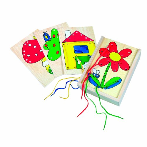 Bino Nähbox, Holzspielzeug ab 3 Jahre, Fädelspiel (Motorikspielzeug in einer Holzbox zum Einschieben, passende wiederverwendbare Fädelschnüre, 4 bunte Motive, Maße: 14x6,5x18,5 cm), Mehrfarbig