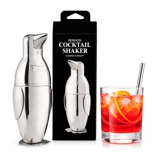 HIC Kitchen Bar Penguin Cocktail Shaker, 18/8 Stainless Steel, Mirror Finish, 3-Piece Set, Holds 18-Ounces