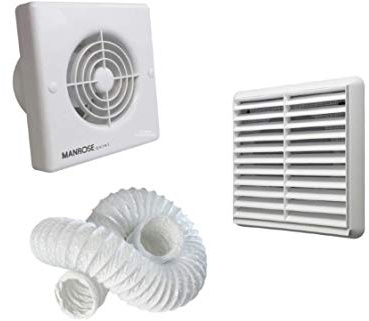 Manrose QF100T Quiet Extractor Fan with Timer Complete with 3 metres of PVC Flexible Ducting and White External Grille Vent Cover
