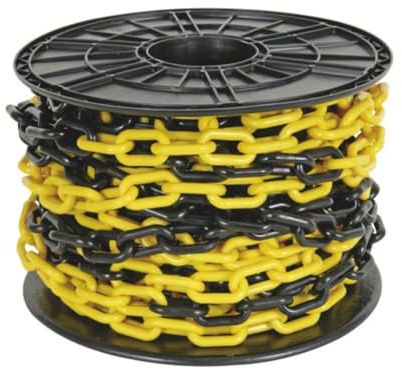 Perel Chaîne barrière jaune noir 25 m en rouleau, chaîne de sécurité en plastique pour l’intérieur et l’extérieur, chaîne de marquage pour chantier, zone de stationnement, entrepôt, terrain ou