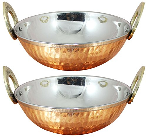 Stylla London® Set mit 2 Kupfer-Servierschalen, indische Karahi-Pfanne, Töpfe, Geschirr, Servierware