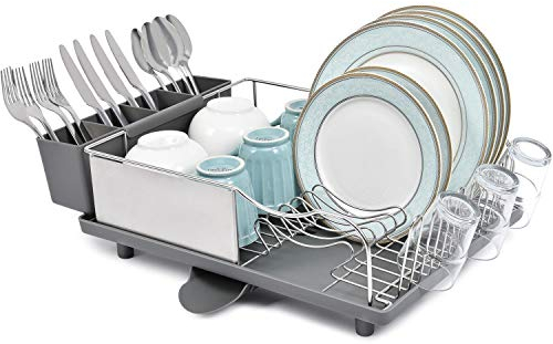 Dish Drainer Rack, Stainless Steel Dish Rack, Draining Board Rack with Anti-Rust Frame, Optional 2 Direction Spout Sink Drain Board Design, Removable Large Utensil Holder for Kitchen, Grey
