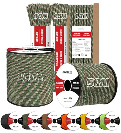 Brotree Paracord 550 4mm 15M 100% Nylon Seil Schnur Typ III mit 7 Stränge | 250kg (550lbs) Bruchlast, Survival, Outdoor, Armbänder, Hundeleine
