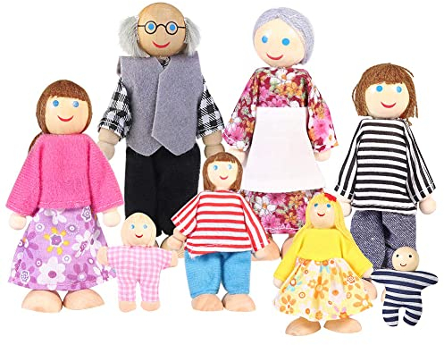 IWILCS 8 Stücke Puppenfamilie Holzpuppen, Puppenfamilie Set, Puppenhaus Biegepuppen für Puppenhaus, Kinder Spiel Haus, Holz Familienpuppen Spielset (Helle Haut, Holz)