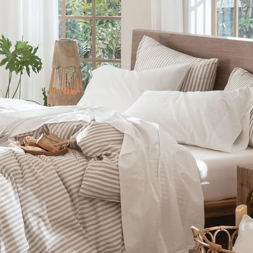 MooMee Bedding Sheet Set 100% Washed Cotton Linen Like Textured Breathable Durable Soft Comfy (Solid Off White, King)
