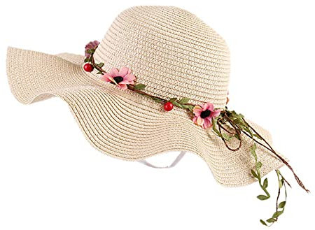 Anawkaia Frauen Sonnenhüte Strand Kappe Cap Girlande Strohhut Wide Brim Strohhut Sommerhut (Beige)