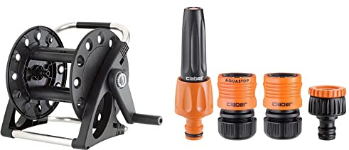 Claber 8887 Aquapony Carrello Avvolgitubo, Nero & 51359 Set Lance Diritte con Raccordi, 1/2 Pollici, Nero/Arancione