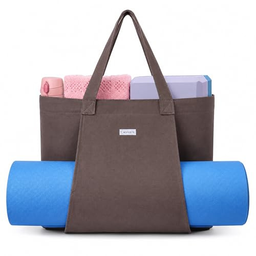 Cwokarb Yoga Bag for Women, Cotton Canvas Yoga Mat Tote with Wet Pocket | 100% cotton canvas, 49.5 x 12.5 x 36 cm, 255 g, wet pocket, bottle holder, zipper pocket, for Pilates, gym, travel