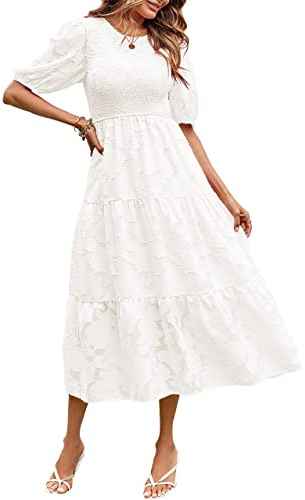 MEROKEETY Women's 2025 Summer Puff Sleeve Smocked Floral Dress Crewneck Lace Flowy Tiered Midi Dresses,White,M