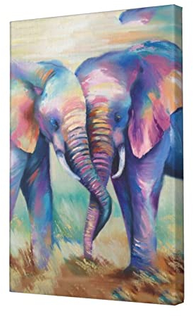 SUAQUE Zwei bunte Elefanten Premium Leinwand Randlose Dekorative Malerei 12x18 In, Ölgemälde Für Wohnzimmer, Schlafzimmer, Büro