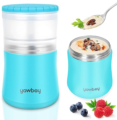 Yawbay Thermos For Hot Food, 28OZ Soup Thermos For Adults, 2 In 1 Insulated Food Jar, Yogurt Container, Snack Cereal To Go Container, Leakproof Stainless Steel Vacuum Lunch Thermal With Spoon (Blue)