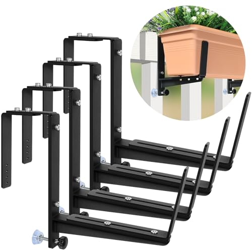 VOXOR Fensterkastenhalterungen, verstellbare Pflanzkasten-Halterungen, robuste Eisen-Blumenkasten-Halterungen für Geländer, mit verbesserter Bodenstütze – perfekt für Balkone, Zäune und Gärten (4