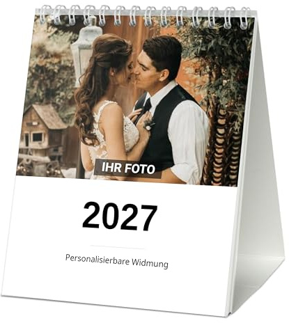 PrintPlanet® Tischkalender 2027 Kompakt – personalisierter Fotokalender mit eigenen Fotos – Kalender selbst gestalten – mit Kartonaufsteller – Deckblatt mit Widmung – 13 Bilder