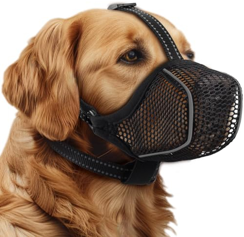 BONTHEE Hund Maulkorb, Mesh Soft Maulkorb für kleine mittlere große Hunde, atmungsaktiv reflektierende einstellbare Welpen Maulkörbe mit Halsband für Scavenging Grooming Beißen Kauen, erlaubt Hecheln
