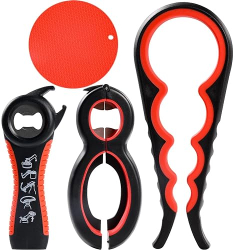 Red Jar Opener Gripper - 4 Pack Rubber Jar Opener for Weak Hands 6-in-1 5-in-1 Jar Bottle Openers for Seniors with Arthritis, Non Slip Lids Opener Gripper Pad (Red)