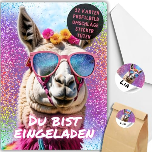 celebr8te 12x Party Lama Glitzer Einladungskarten - Für den Kindergeburtstag von Mädchen - Lustige Alpaka Geburtstagseinladungen +12 Umschläge +24 Sticker +12 Geschenktüten