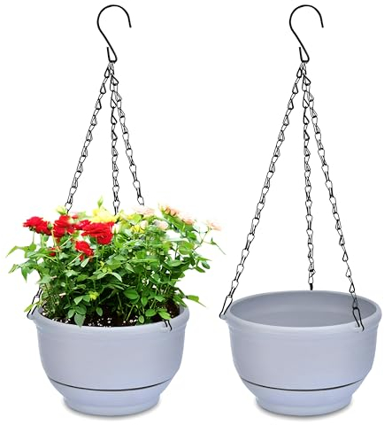YuanDiann 2er Pack Hängende Blumentöpfe mit Abnehmbarem Tablett, Selbstabsorbierende Blumentopfkorb aus Kunststoff Hängepflanze Außen Innen Blumenampel Haus Balkon Garten Dekoration Grau 27.2cm