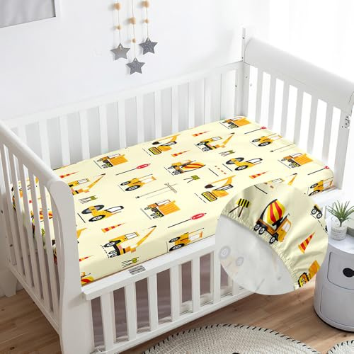 Odot Spannbettlaken für Kinderbett Babybett, Spannbetttuch aus Mikrofaser Atmungsaktiv Bettlaken Bassinet Spannbettlaken Kinderwagen Stubenwagen Matratzenschoner -Gelber Bagger, 80x160cm
