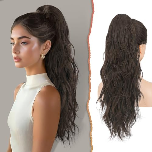 Sofeiyan Pferdeschwanz Haarteil, Lange Pferdeschwanz Haarteil mit Kordelzug Gewellt Zopf Pferdeschwanz Verlängerung Synthetik Haarverlängerung Ponytail für Damen,66 cm Mittelbraun