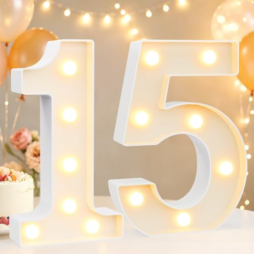 Cifre decorative luminose a LED da 22,3 cm, numeri luminosi per tende per decorazioni di 15° anniversario, pannello numerico luminoso per festa di compleanno, luci notturne, sfondo