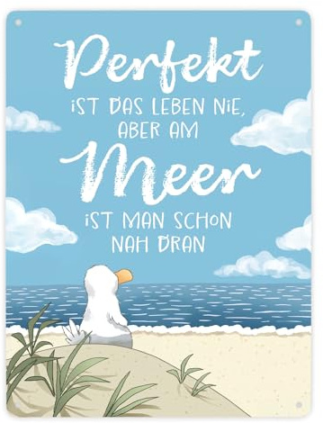 Möwe am Strand Metallschild XXL in 28x38 cm mit Spruch Leben am Meer fast perfekt Norden Ankerplatz Urlaub Reise Küstenkind Küste Strandurlaub