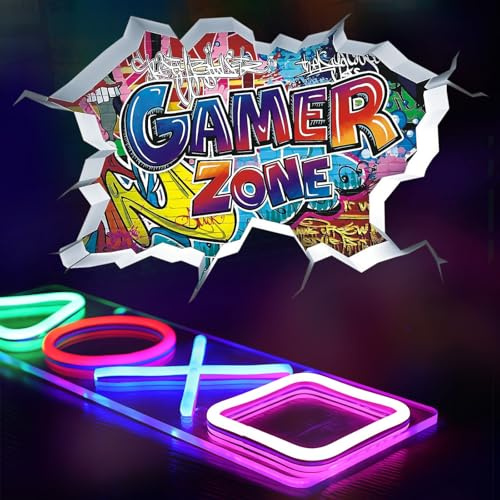 Lampada Neon Gaming LED USB Insegna Luminosa | Dimmerabile 10-100%, include adesivo GAME ZONE 60×40 cm, ideale per PC setup, pareti e sale giochi.