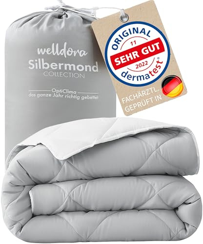 Welldora OPTICLIMA Allergiker Bettdecke 220x240 | Fachärztlich geprüft | Oeko-Tex Zertifiziert in der Schweiz | Ganzjahresdecke für Sommer & Winter | Wendedecke Silbergrau-Weiß | Premium Steppdecke