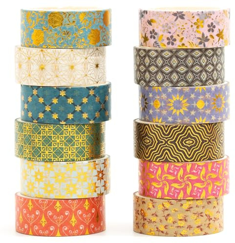 Songdao Washi Tape,12 Rollen Washi Klebeband Set Dekoratives Washi-Tape Niedliche Goldfolie Dekorative Masking Tape für DIY Art & Crafts (Goldene Galaxie)
