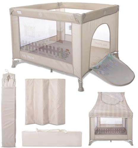 Lorelli Baby Laufstall My Place mit Dach, kleiner Laufgitter 100x100 cm, Absperrgitter mit atmungsaktivem Netz, Schutzgitter mit Reißverschlusstür, faltbarer Krabbelgitter, Beige