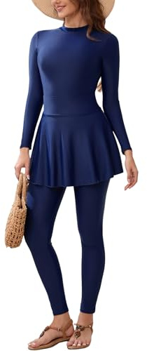 OBEEII Women One Piece Rash Guard Swimsuit Long Sleeve Surfing Bathing Suit + Skirt + Pants 3PCS Swimming Suit Summer Beachwear Wetsuit Modest Muslim Swimsuit Burkini Swim Suit Navy Blue XL