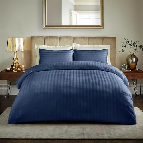 800TC Single Duvet Cover Set Cotton Rich Satin Stripe Navy Blue Quilt Cover with Housewife Pillowcases – Super Soft Bedding & Linen for a Home or Hotel Machine Washable