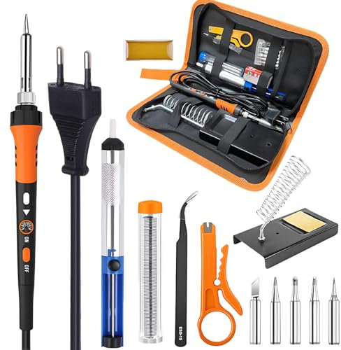 Saldatore Set, 12 in 1 60 W Kit di Saldatore Elettronicocon con 5 Punte di Saldatura, Temperatura Regolabile 200–450°C, Kit Saldatura Stagno per Riparazioni Elettriche, Strumento di Saldatura