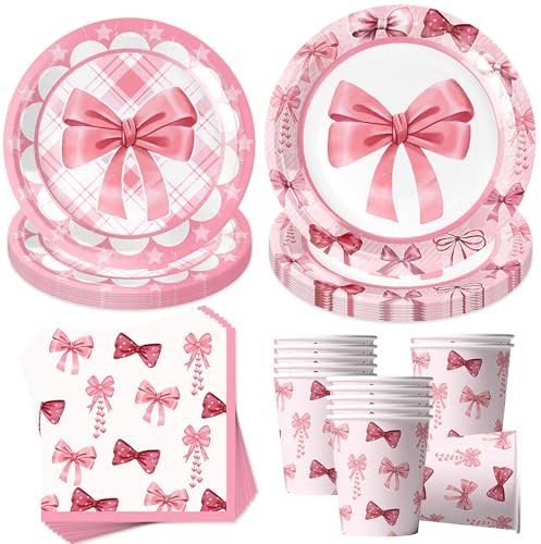 Sunshine smile 50 Stück Süße Schleife Partygeschirr,Rosa Schleife Partygeschirr,Geburtstag Pappteller Set Rosa,Bogen Pappteller Becher Servietten geburtstag Deko