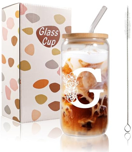 Bliceon A-Z Initial Personalised Birthday Gifts for Women, 500ml Iced Coffee Glass Cups for Mum, Friends and Sisters, Men, Dad, Iced Coffee Cup Gift with Lids and Straws (G)