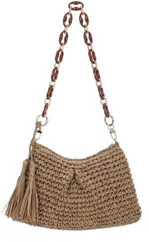 EVEOUT Damen Raffia Schultertasche Sommer Boho Chic Strohtasche mit Acryl Schulterkette für Strand Urlaub Gewebte Tote Tasche