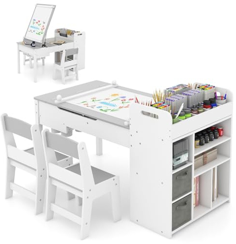 GYMAX Kids Art Table and Chairs Set, Wooden Children Desk with Flip-up Tabletop, Paper Roll, Paint Cups, Bins & Shelves, Toddler Activity Table Set for Drawing Writing, 120x60x60cm (Gray+White)