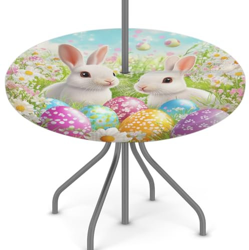 Woltant Nappe ronde avec trou de parasol et fermeture éclair facile à nettoyer avec bords élastiques - Protection de table d'extérieur pour jardin, terrasse, barbecue (lapin blanc, floral, œuf)