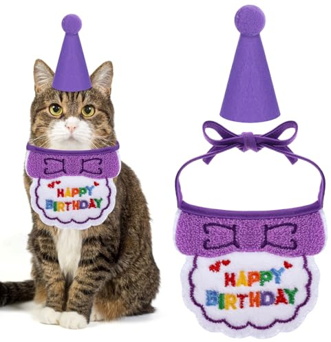 Classicseali Partyhüte für Katzen, niedlicher Haustier-Geburtstagshut für Katzen, verstellbar, bestickt, Geburtstagstuch, Bandana mit Lätzchen, für Mädchen, Jungen, Kätzchen und Hunde, Partyzubehör
