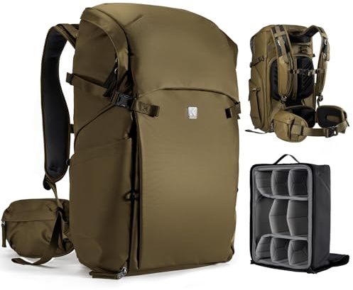K&F Concept kameraryggsäck 30 L, professionell stor fotoryggsäck, kameraryggsäck vattentät, reseryggsäck för DSLR/stativ/hjälm, för 15 tums bärbar dator, lämplig för klättring/vandring/resor, 2-kaki