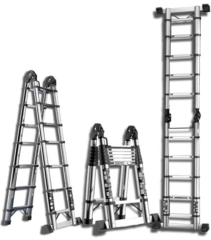 YUEWO Échelle Télescopique 5m Portable en Acier Inoxydable Double Face (2.5+2.5m) Extensible, Capacité de Charge 150kg avec 2 Pieds Anti-Dérapants pour Travaux Extérieurs & Jardinage