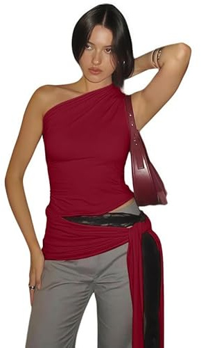 Sukiglam Débardeurs Femme Chic et Elegant d'Été Haut Épaules Dénudées sans Manches Asymétriques Crop Top la Taille à Nouer Sexy Y2K Tunique Tank Tops Slim Fit Blouse Court Chemisie de Fête