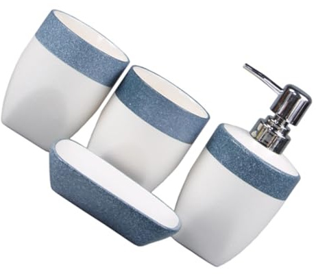 Yardenfun Juego De Accesorios De Baño Cerámicos Esmaltados Efecto Nieve, 4 Piezas (dispensador De Jabón, Jabonera, 2 Vasos), Antideslizante, Blanco y Azul, para Uso Doméstico y Hotelero