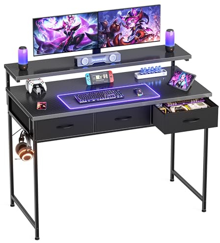 Gaming Desk with Adjustable Monitor Stand, 3 Storage Drawers, Black 100cm