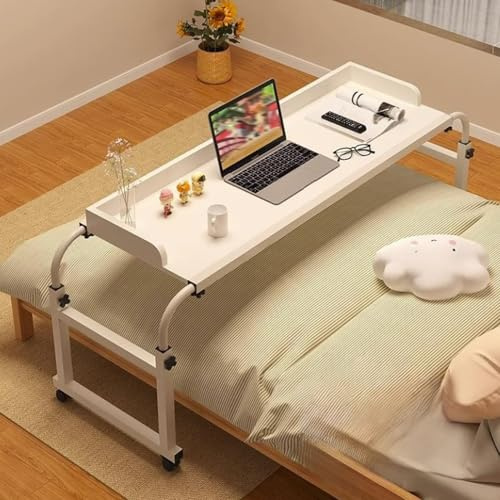 GUAWJRZDP Überbetttisch mit Rollen, Ausziehbarer Betttisch Für Laptops, Laptoptisch Für Das Bett, Nachttisch Mit Rollen, Höhenverstellbarer Schreibtisch Für Das Bett(Wit,140x50cm/55.1x19.6in)