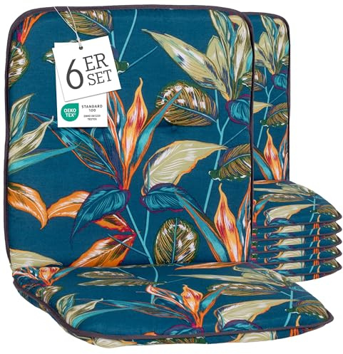 Beo Niedriglehner Gartenstuhlauflage Bali - 6er Set - 47x44x52 cm - Waschbar - Atmungsaktives Gartenstuhlkissen - Baumwolle & Extra Dickes Polster - UV-beständig, Oeko-TEX Zertifiziert - Enschede