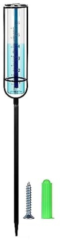 Homeponnew Pluviometro in vetro con staffa in metallo blu per esterni, giardino, prato e paesaggio, scala trasparente fino a 100 mm