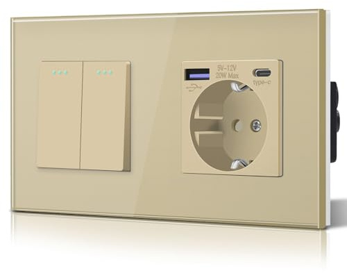 BSEED Interruptor y Enchufe,Enchufes Pared con 20W USB y Tipo C,Carga Rápida,Panel de Vidrio,3 en 1,Fácil Instalación,2 Gang 1 Vía Con 20W Enchufe,157mm Oro