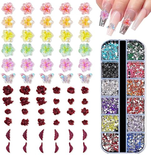 YiiHHooN Charms de Uñas 3D de Flores, 200 Piezas Charms de Flores de Resina y 1 Caja de Piedras para Uñas, Charms de Nail Art 3D para Mujer Accesorios de Diseño de Uñas para Verano