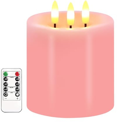 3 Docht Große Flammlose Kerzen, Batteriebetriebene Flackernde LED Kerzen mit Fernbedienung & Timer, Echte Wachs Weiße Säulenkerze für Weihnachten, Hochzeiten & Tagesdekoration, 10 x 10 cm (Rosa)